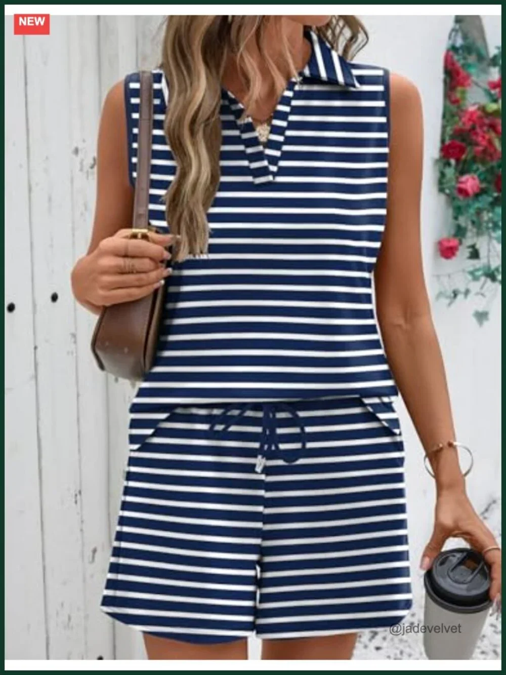 Two Piece Lounge Set Sleeveless V Neck Top and Drawstring Shorts